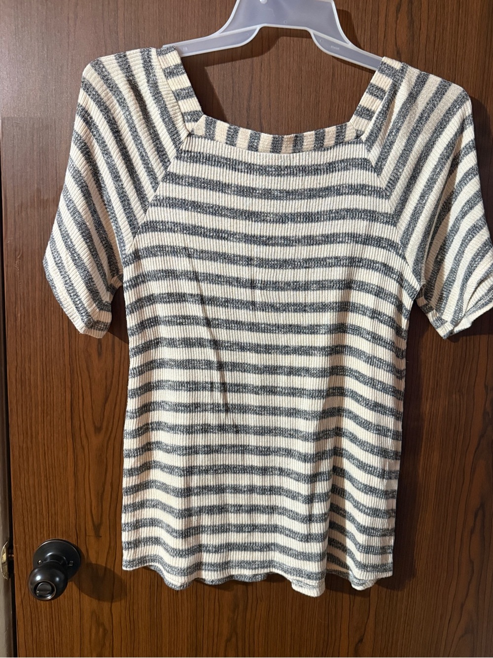 Daytrip Cream and Gray Striped Square Neck Short Sleeve Top - Picture 3 of 3